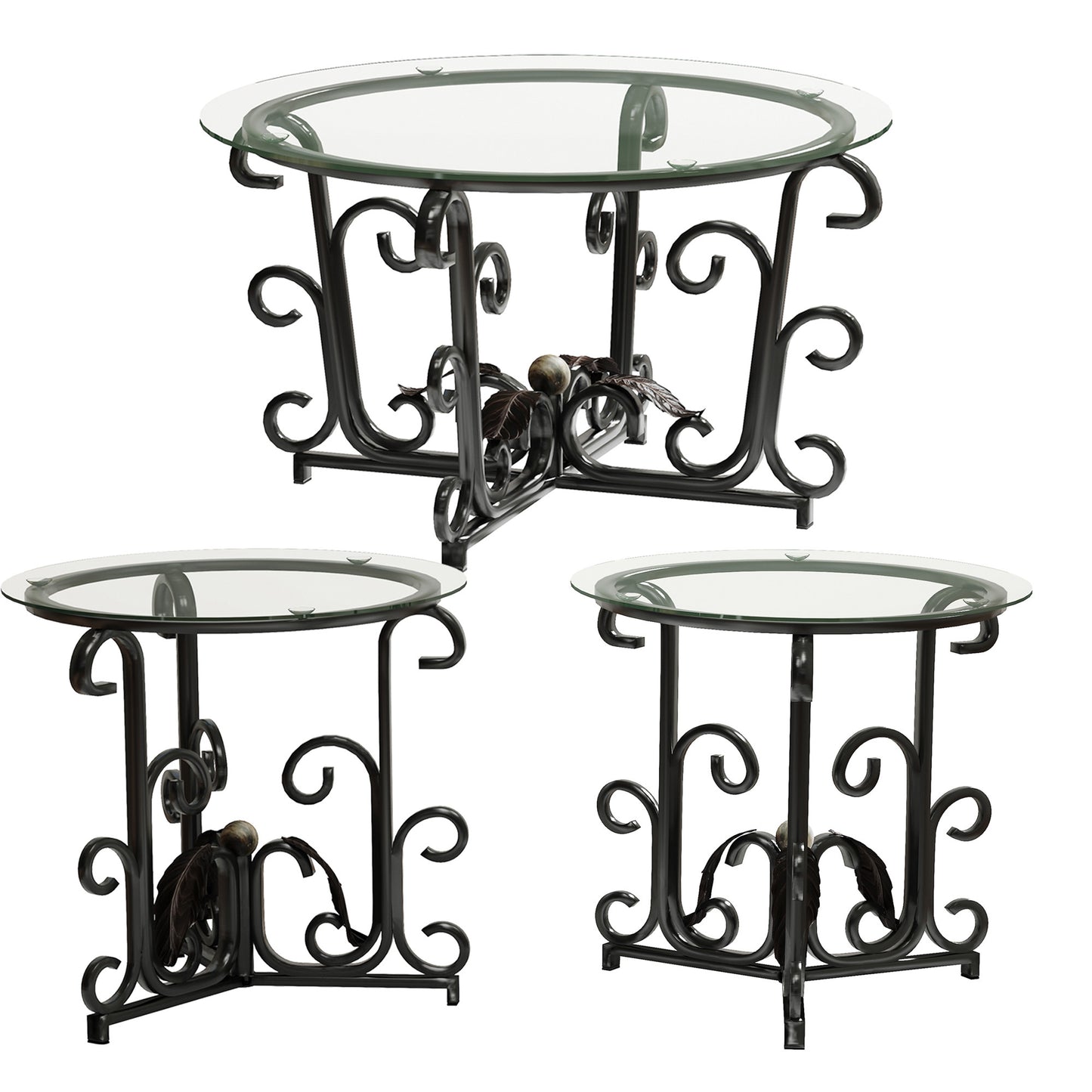 3 Piece Coffee Table Set, Tempered Glass Surface With Metal Frame