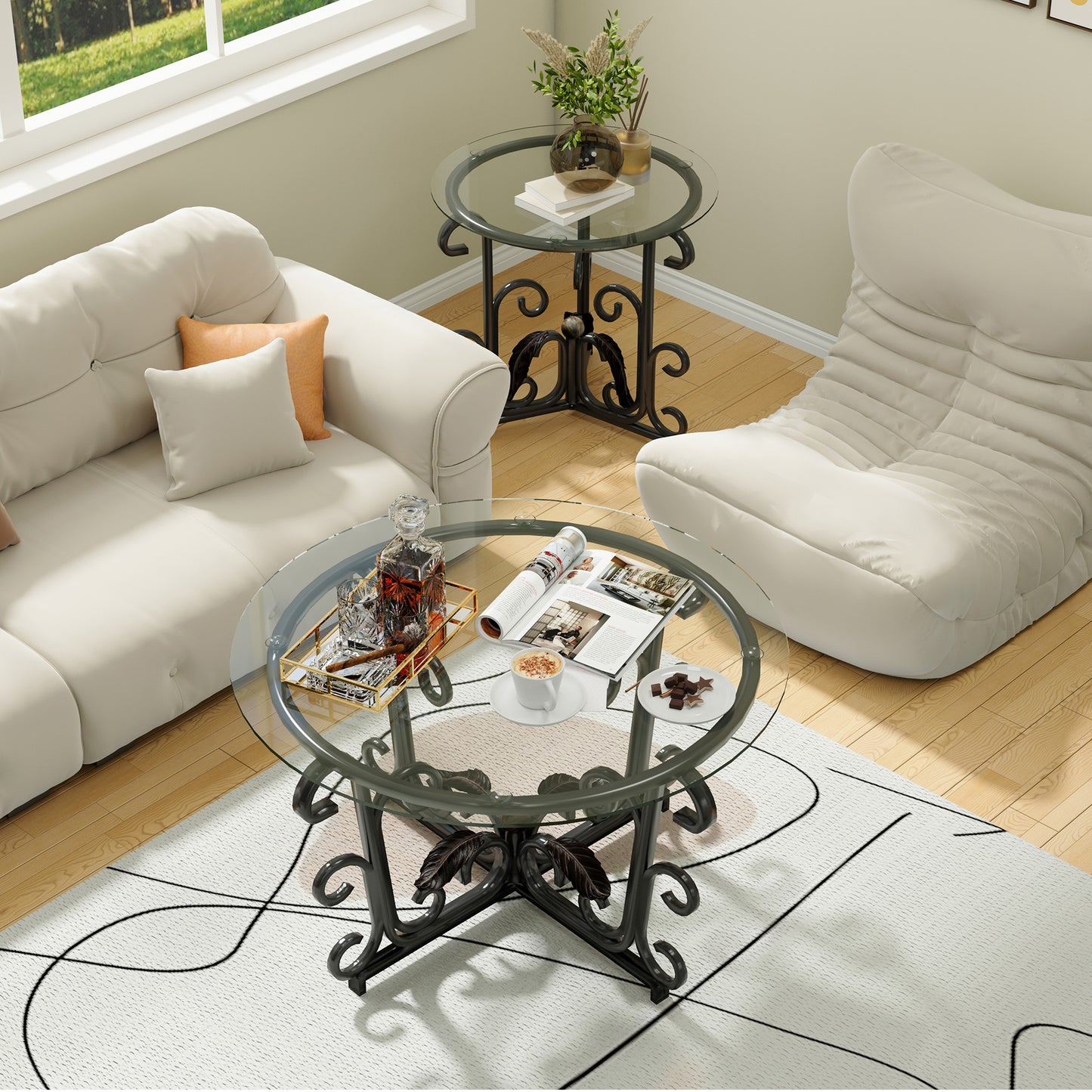 3 Piece Coffee Table Set, Tempered Glass Surface With Metal Frame