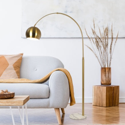 Oasis Long Arm Gold Brass Adjustable Floor Lamp With Round White Marble Base