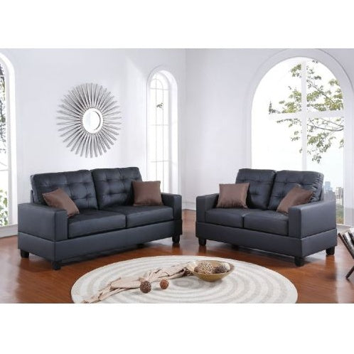 Living Room Furniture 2pc Sofa Set Black Faux Leather Tufted Sofa