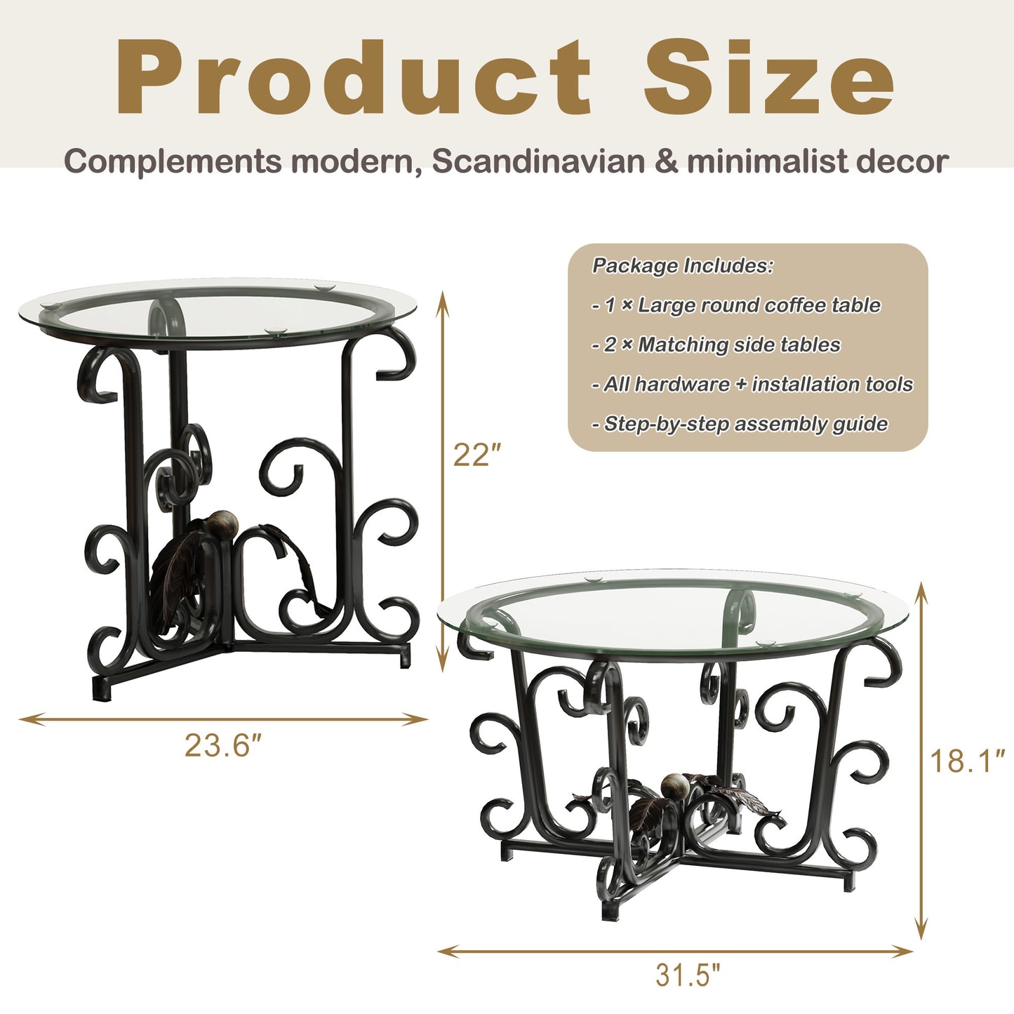 3 Piece Coffee Table Set, Tempered Glass Surface With Metal Frame