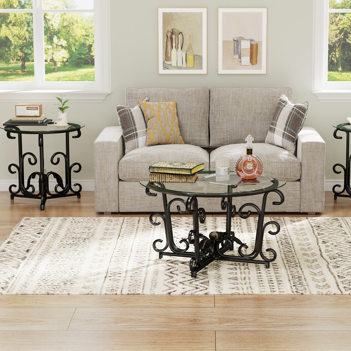 3 Piece Coffee Table Set, Tempered Glass Surface With Metal Frame