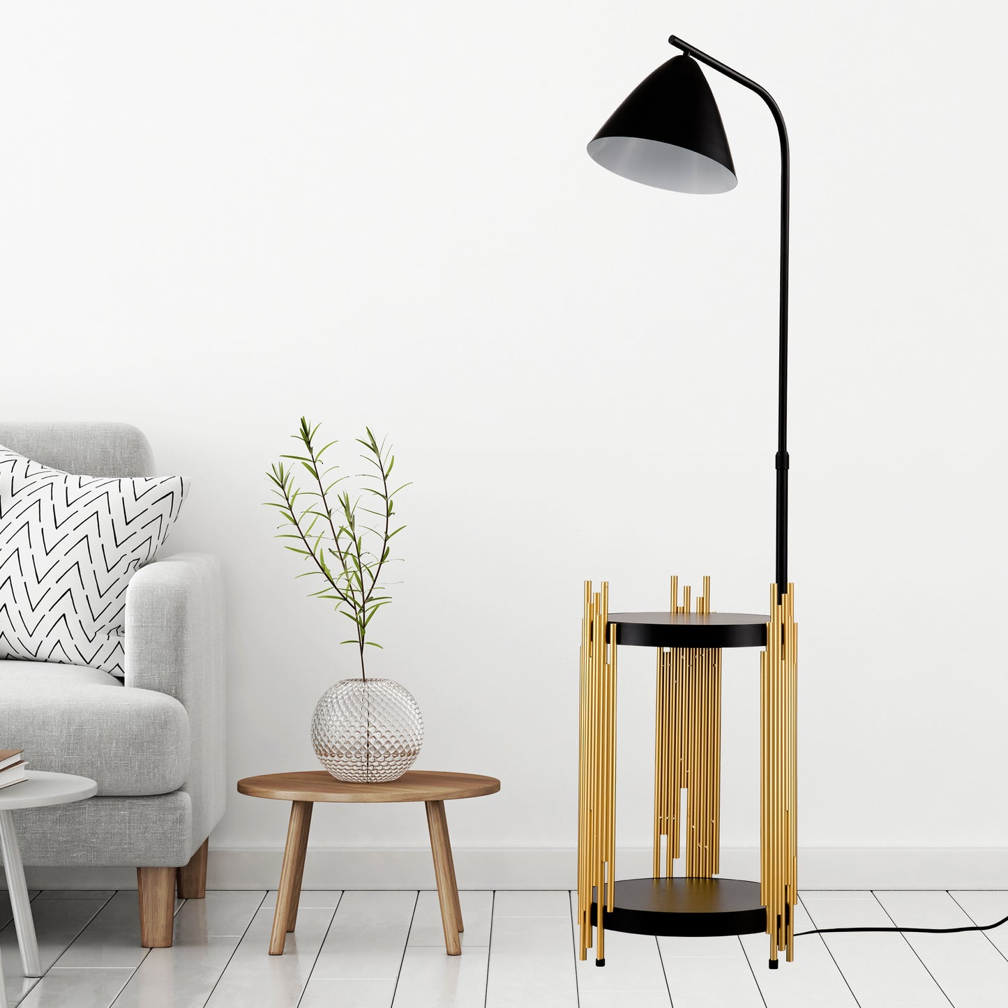 Luxury Shelves Floor Lamp For Living Room With Metal Lampshade