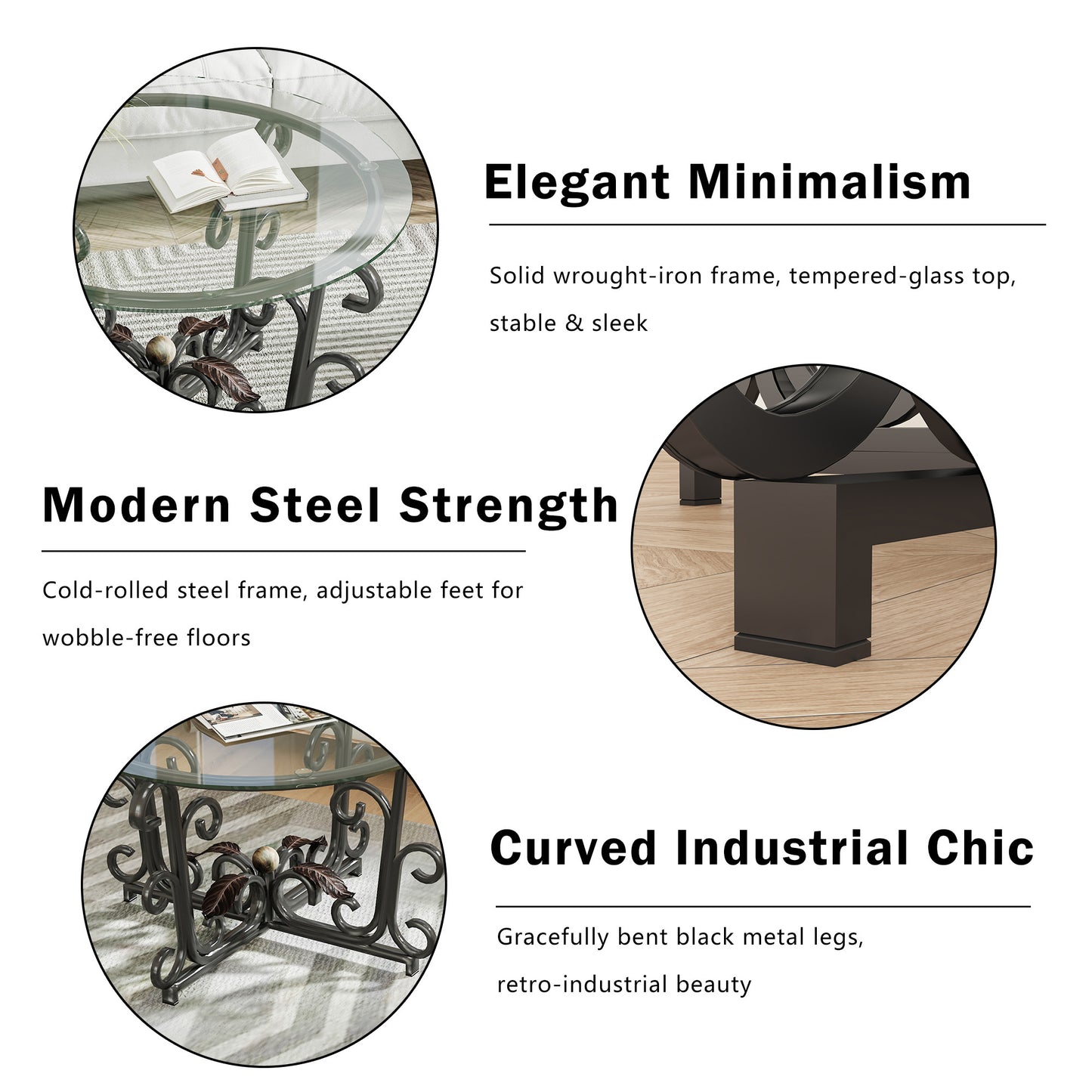 3 Piece Coffee Table Set, Tempered Glass Surface With Metal Frame