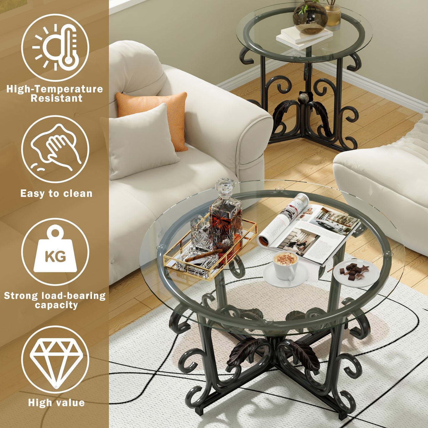 3 Piece Coffee Table Set, Tempered Glass Surface With Metal Frame