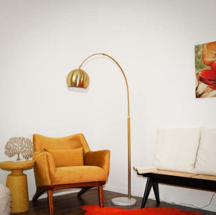 Oasis Long Arm Gold Brass Adjustable Floor Lamp With Round White Marble Base