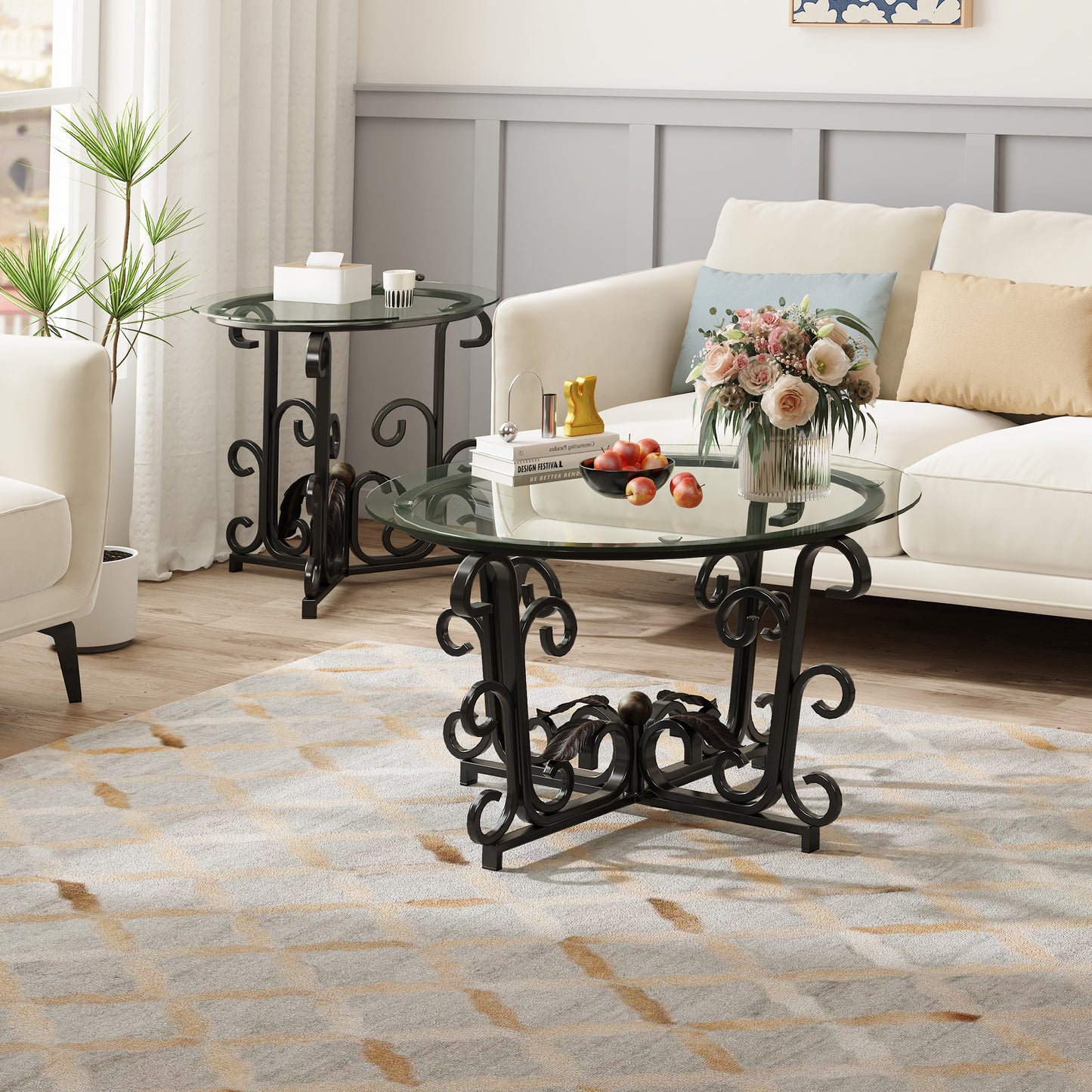 3 Piece Coffee Table Set, Tempered Glass Surface With Metal Frame