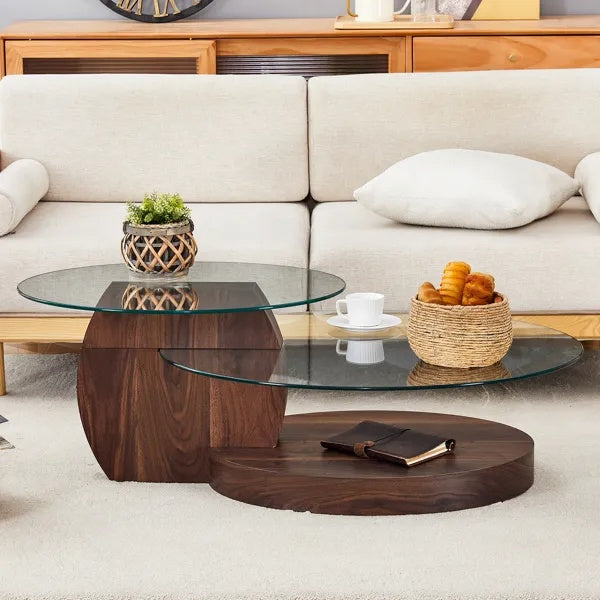 Modern Walnut Grain Double Layer Glass Coffee Table