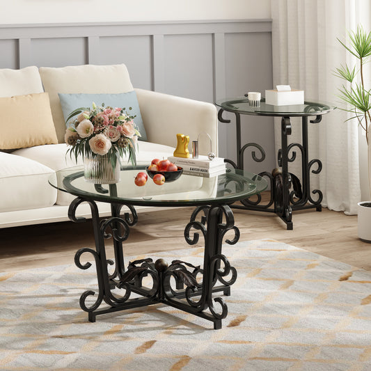 3 Piece Coffee Table Set, Tempered Glass Surface With Metal Frame