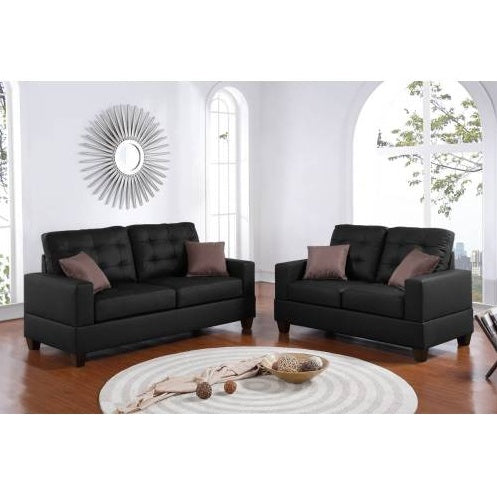 Living Room Furniture 2pc Sofa Set Black Faux Leather Tufted Sofa